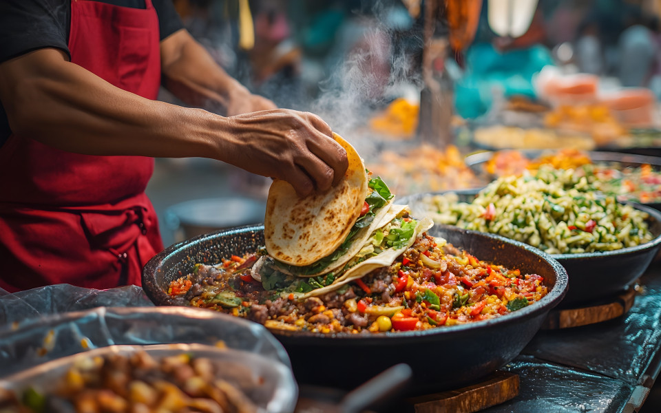  Verk&auml;ufer bereitet herzhafte Wraps in Mexiko am Street Food Markt zu